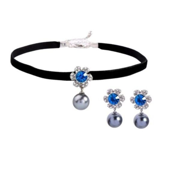 Blue Crystal Flower Pearl Vintage Silver Dangle Statement Earrings - Picture 12 of 12